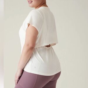 Athleta Air Out Cinch Short Sleeve Tee Size 1X Open Back Cutout Ivory Shirt Yoga